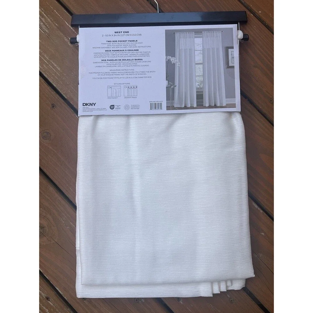 DKNY 50 x 84 West End Sheer White Window Curtains Drapes Rod Pocket Panels New